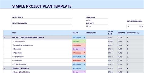 A screenshot of a simple project plan template in Excel