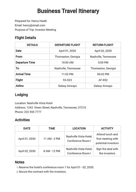 Simple travel itinerary template