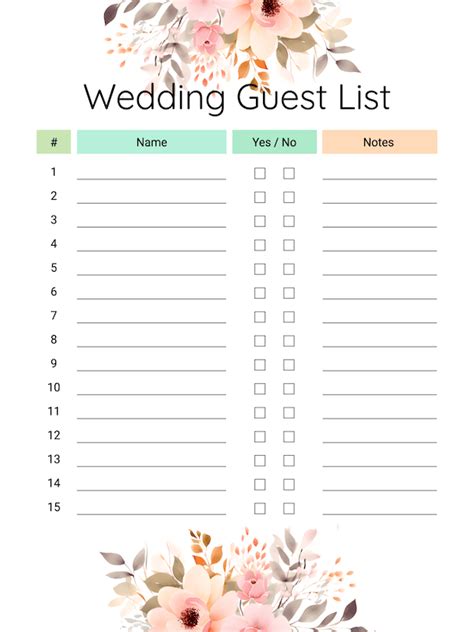 Simple Wedding Guest List Template