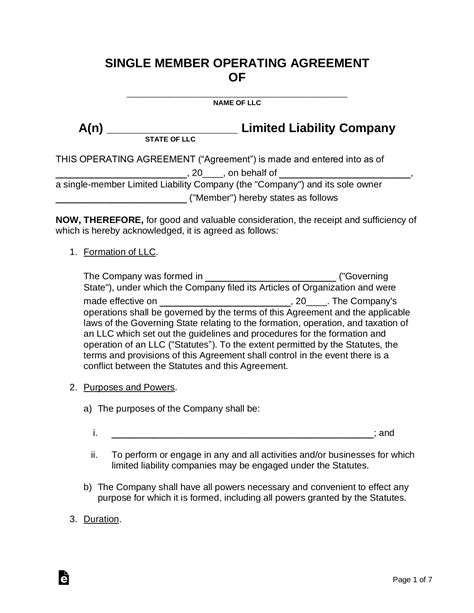 Single Member LLC Operating Agreement Template