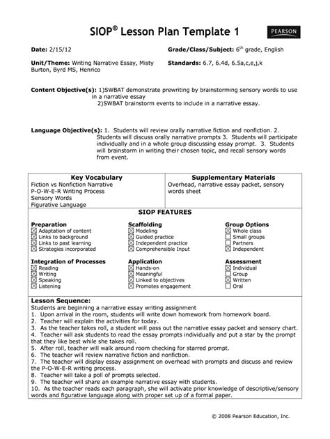 SIOP Lesson Plan Templates for Accommodation Strategies