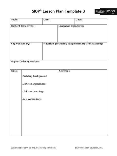 SIOP Lesson Plan Templates for Content and Language Objectives in Education