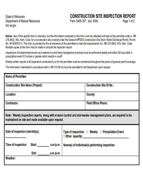 Site Inspection Report Template for Construction