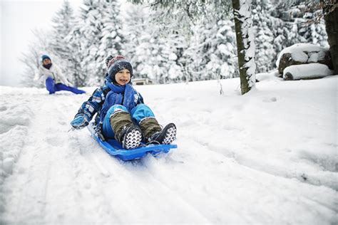 Family sledding in the snow together