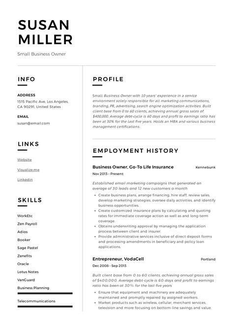 Small Business Resume Template Example