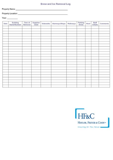 Snow removal activity log sheet