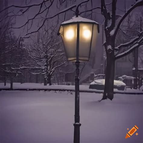 Snowy scene created around a street lamp with snowflakes and icicles