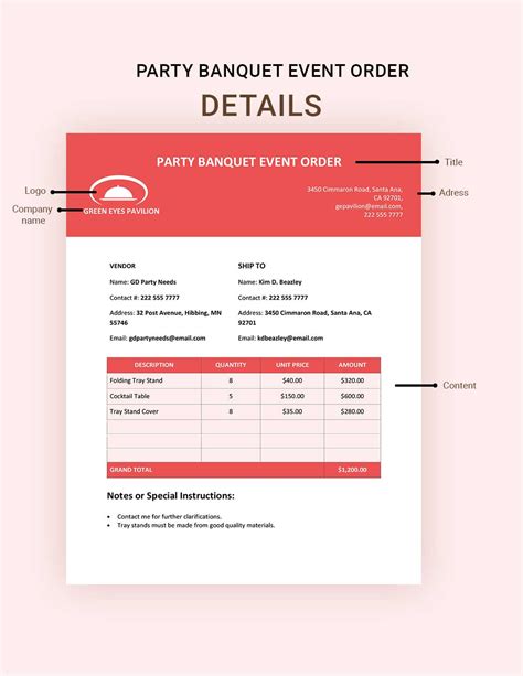 Social Banquet Event Order Template