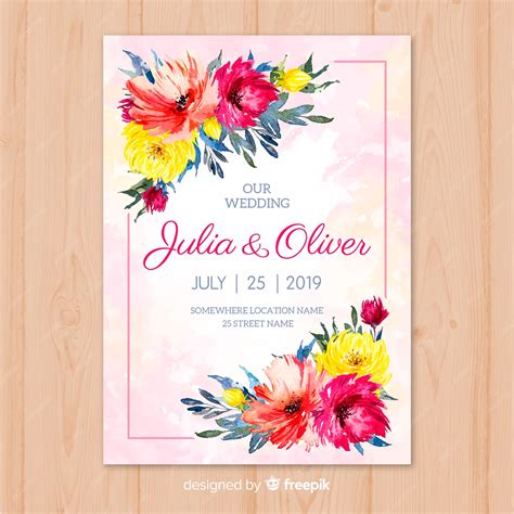 Soft watercolor wedding invitation with floral wreath and illustration