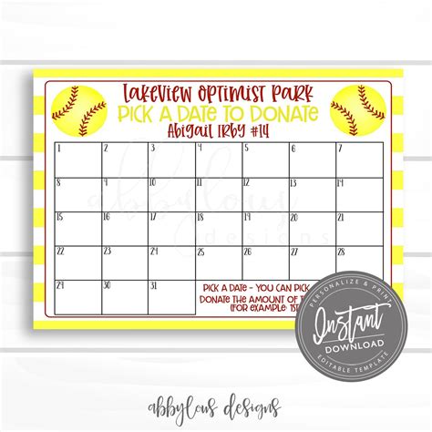 Softball Calendar Template 2