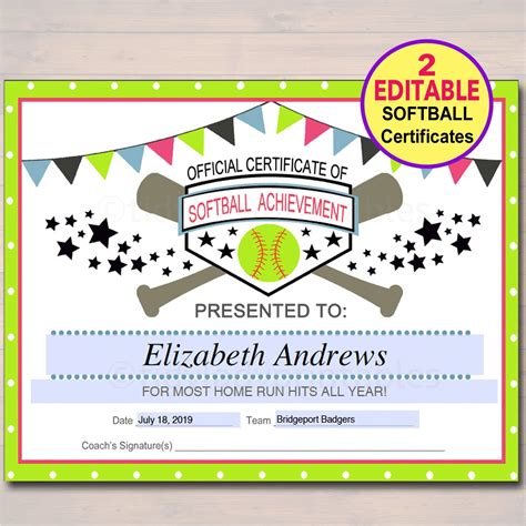 Softball certificate template image 1