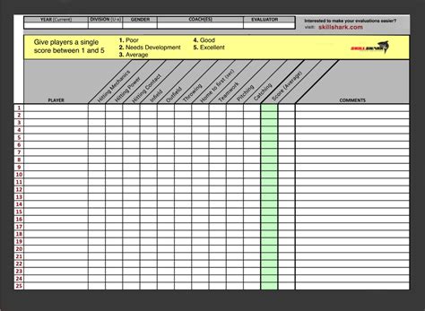 Softball Tryout Evaluation Form Template Design