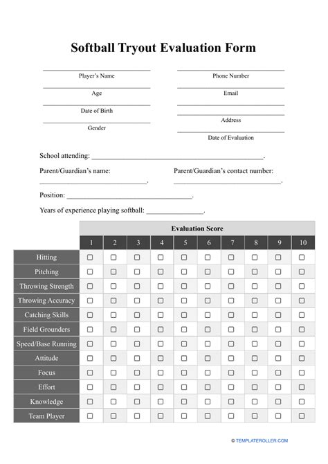 Softball Tryout Evaluation Form Template Rating Scales