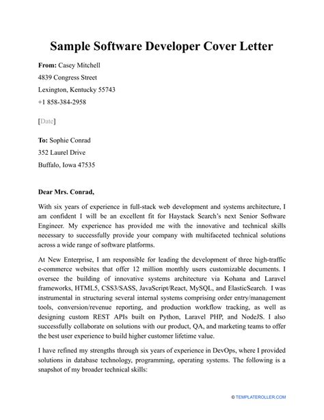 Software Developer Cover Letter Example 1