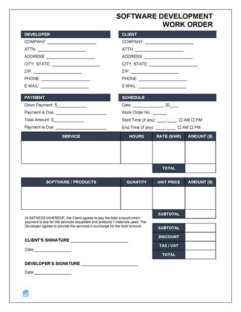 Software Development Work Order Template
