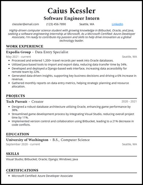 Software Engineer Resume with Internship Experience