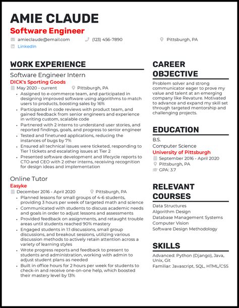 Software Engineer Resume with Research Experience