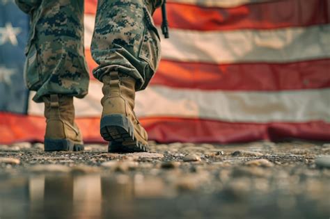 Soldiers Standing Before American Flag