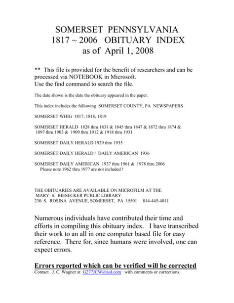 Somerset Obituary Index