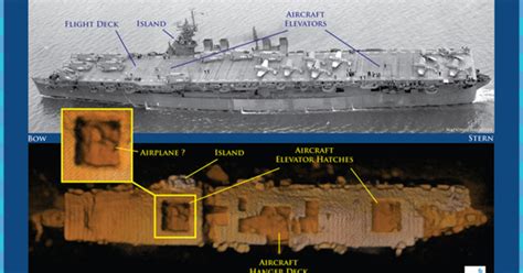 Sonar view of an aircraft carrier underwater