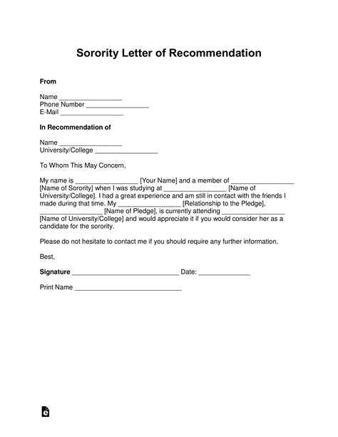 Sorority Letter of Recommendation Example