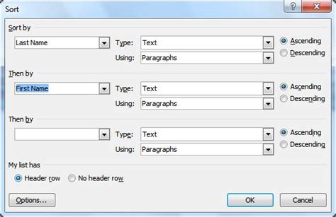 Sorting by multiple columns using the Sort dialog box