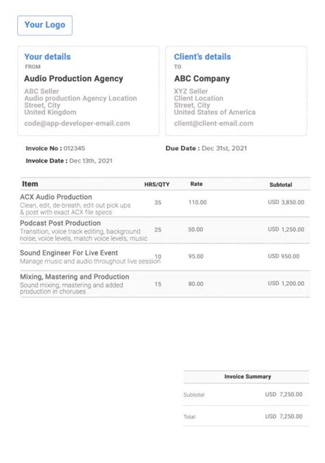 Sound design invoice template