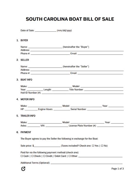 South Carolina Boat Bill of Sale Form Template