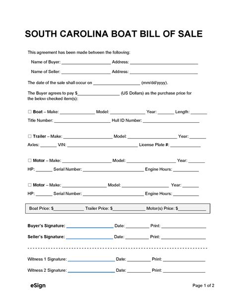 Example of a Completed South Carolina Boat Bill of Sale Form