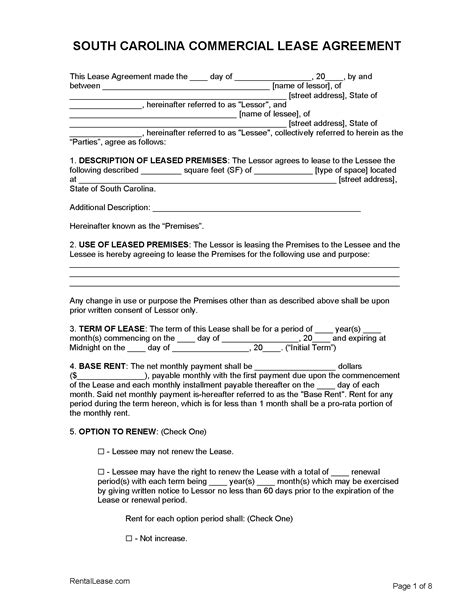 South Carolina Commercial Lease Agreement Template