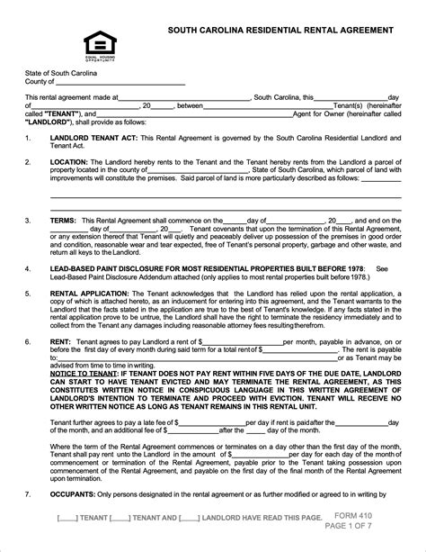 South Carolina Lease Agreement Template Fillable