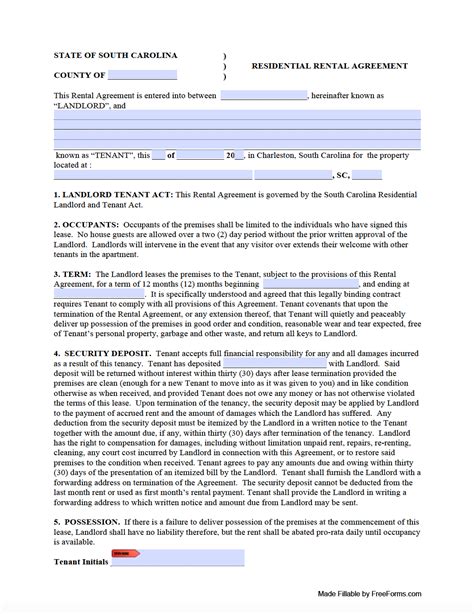 South Carolina Residential Lease Agreement Template