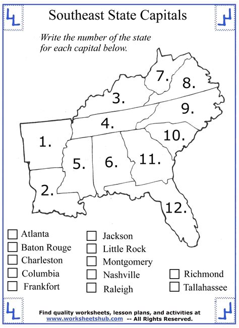 Southeast States and Capitals Quiz Printable