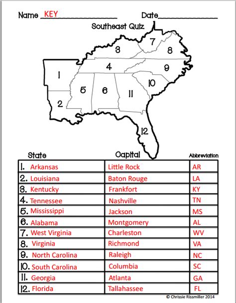 Southeast States and Capitals Quiz Printable