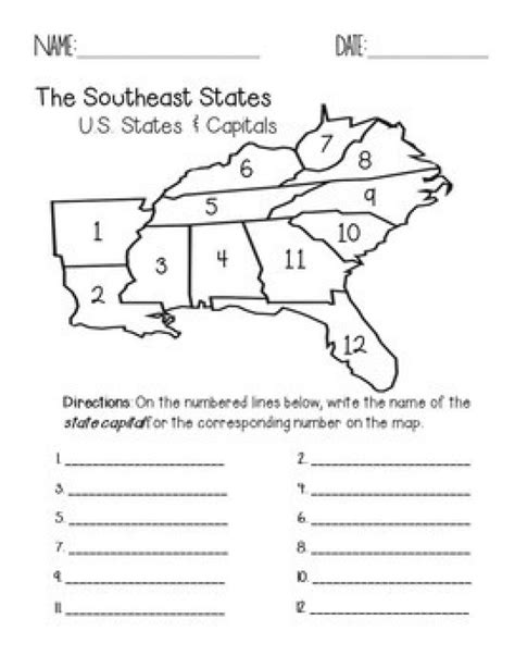 Southeast States and Capitals Quiz Printable