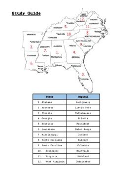 Southeast States and Capitals Study Guide