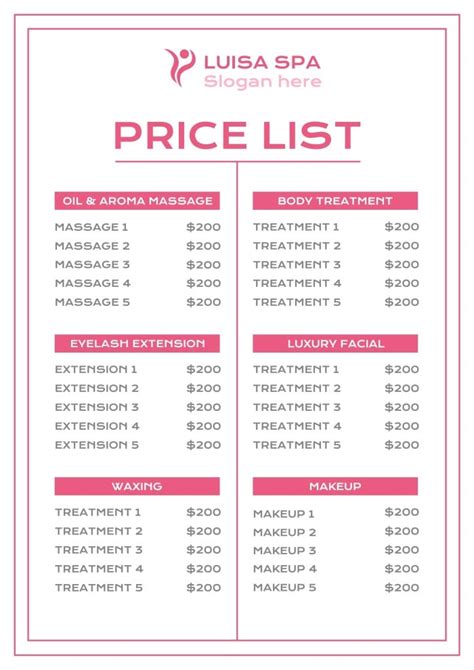 Spa Price List Template