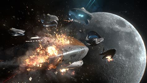 A fleet of spaceships engaging in a battle, with laser blasts and explosions all around