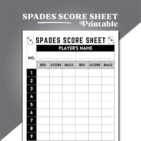 Spades Card Game Score Sheet Template