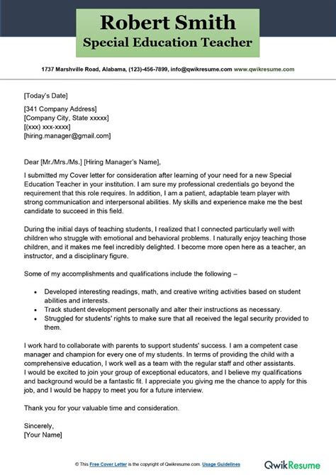 Special Ed Teacher Cover Letter Sample