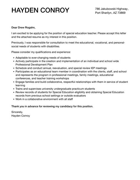 Special Ed Teacher Cover Letter Template