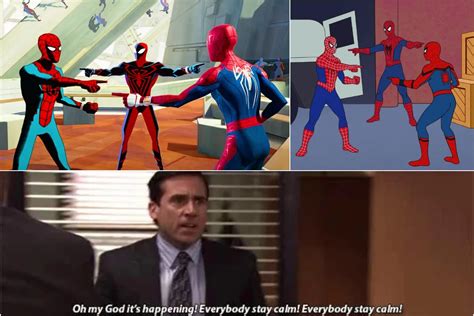 A screenshot of a social media platform showing various Spider Verse memes, with users commenting and sharing them