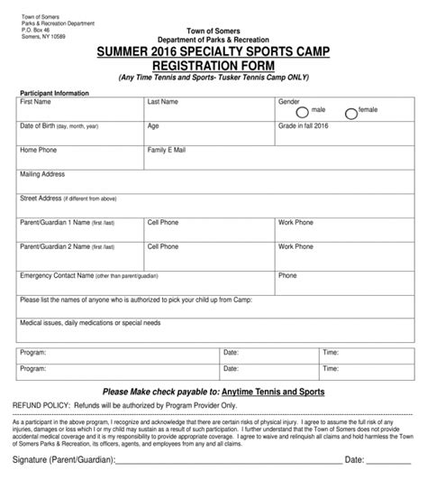 Sports Camp Registration Form