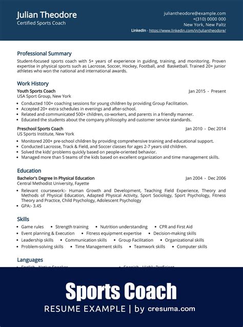 Sports Coach Resume Template Example