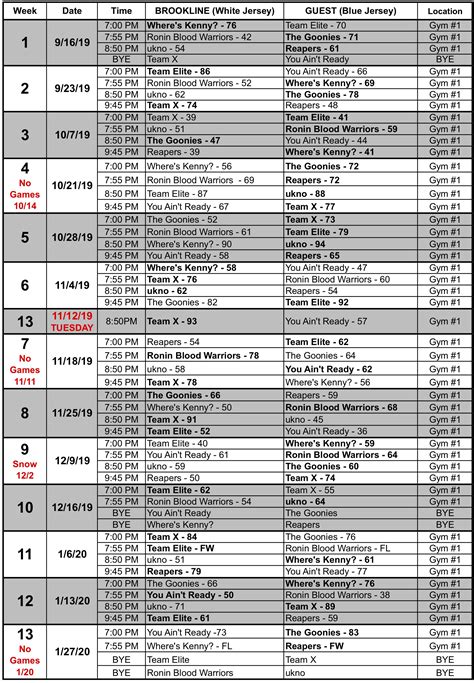 Sports League Schedule Template Example