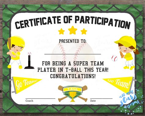 Sports-Themed T-Ball Certificate