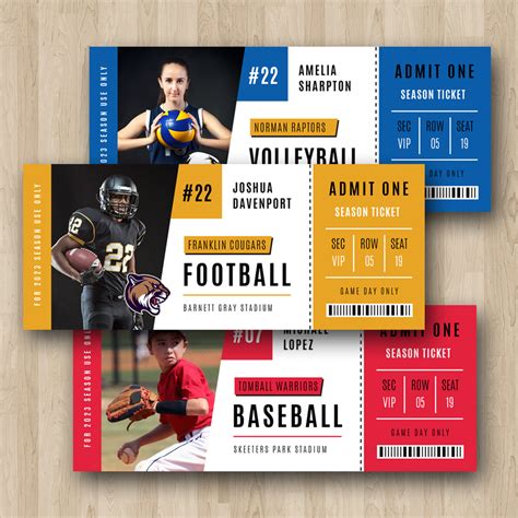 Sports ticket templates with sports-themed designs