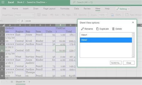 Spreadsheet features temporary views