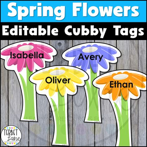 Spring cubby tags with colorful flowers and greenery