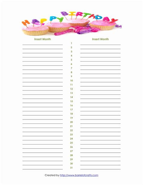 Staff Birthday List Template Example 6